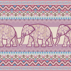 Thai decorative artwork featuring pink and ivory elephants walking on a purple background, framed with traditional tribal-style textile patterns in various colors. Perfect for cultural projects, texti