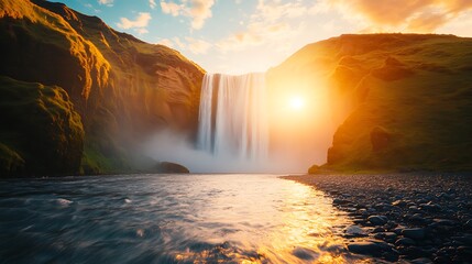 Scenic waterfall at sunset with golden light illuminating the cascading water.