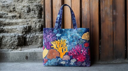 Colorful tote bag with coral reef design stands against a wooden door.