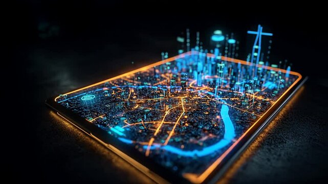 Digital city map glows on tablet with blue and orange lights, showing smart urban design, augmented reality travel, vr travel, ai navigation