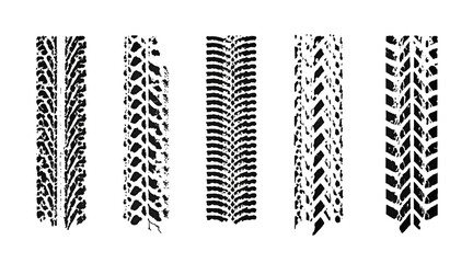 Traces of car, motorcycle tread. Curved realistic traces of tires of wheels from different types of tread vector png. Car wheels on disks.	

