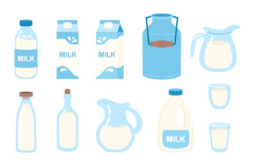 Milk in different packages set flat illustration. Milk bottle, jug and can.