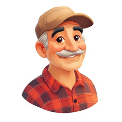 Charming Cartoon Portrait: A Friendly Man with a Plaid Shirt and Cap, Radiating Happiness and Vintage Style in a Cheerful Illustration