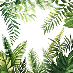 Watercolor tropical leaves background with ferns foliage and botanical elements frame design on transparent background