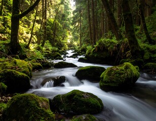 Obraz premium Serene stream flows through mossy, sun-dappled forest