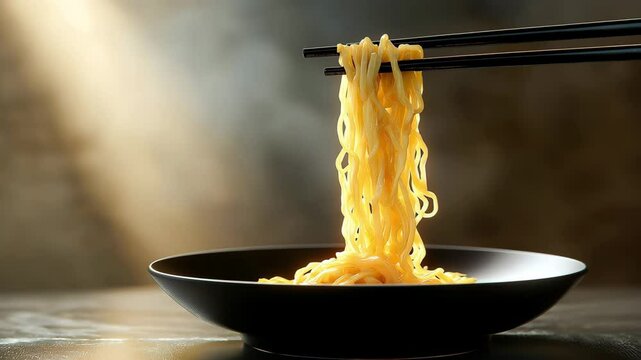Noodles hanging on chopsticks above white plate on table	