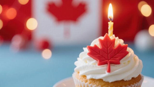 Maple leaf cupcake with white frosting and candlelight, celebrating Canada Day with warmth and joy