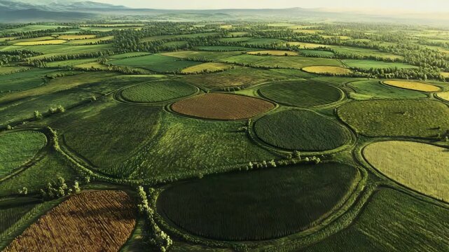 Aerial view of a patchwork of cultivated fields with circular patterns