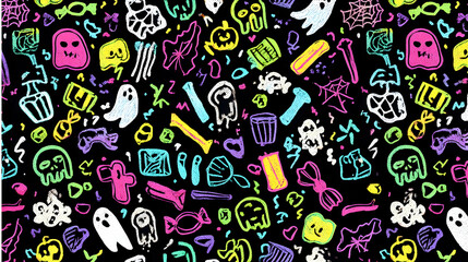 Fototapeta premium seamless pattern with spooky skulls, witches' potions, and moonlit shadows in dark, muted tones, Halloween theme with ghostly accents, good composition, high resolution, hyper-realist