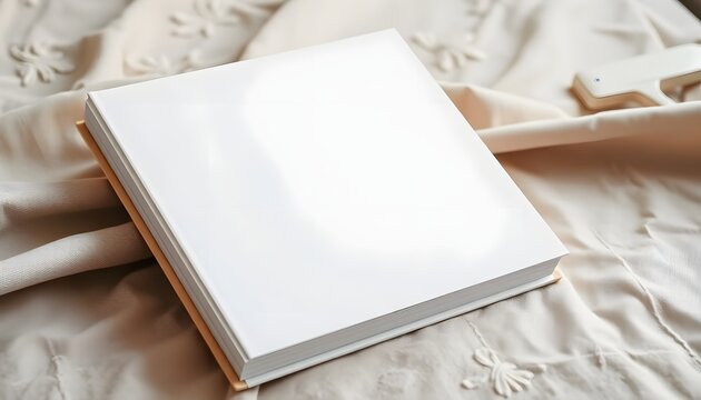 Blank White Photo Album Mockup on Beige Fabric