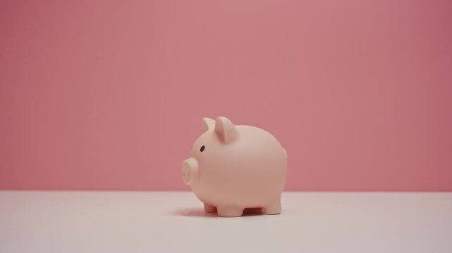 Close up of hand dropping an baht coin into a pink piggy bank. Financial and Business Safety Concept.