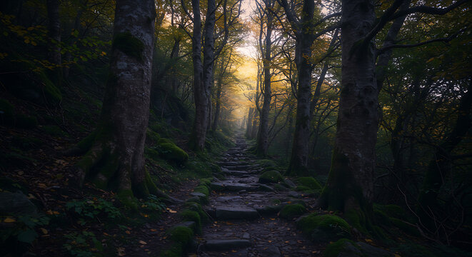 Enchanting Stone Stairway in a Mysterious Autumn Forest Path