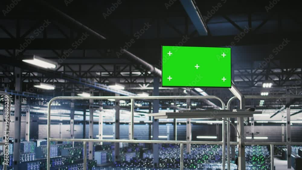 Poster green screen mockup monitor on data center industrial platform displaying hardware status. chroma ke