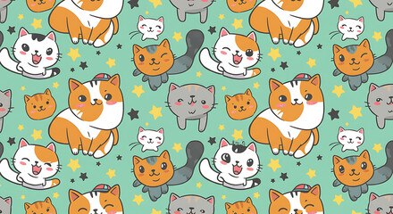 Adorable Cartoon Cats Seamless Pattern Cute Kittens Stars Pastel Green Background