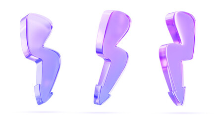 Glass holographic flash, lightning, sale gradient thunder bolt storm charges. Electricity, blitz strikes 3d render set. Thunderbolt, discount arrow with purple blue gradient texture. 3D illustration