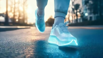 Close up legs and feet of a man wearing hologram shoes for fitness run and speed for health tracking outdoor. Future, Sneakers	 - Powered by Adobe
