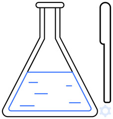 Laboratory flask filled with liquid beside a dropper, representing science and research. Ideal for chemistry, education, innovation, medicine, analysis, experimentation discovery. Flat simple