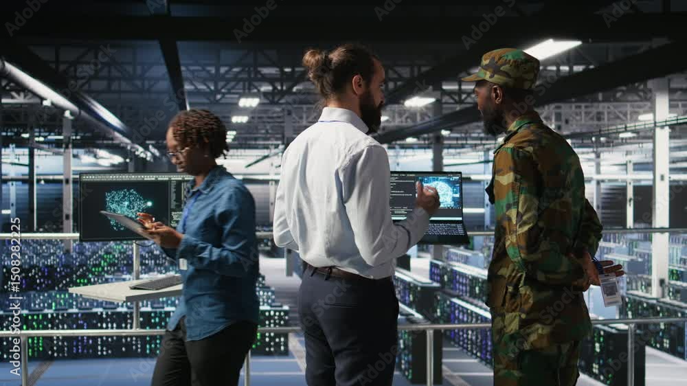 Poster army technicians in command center server room using artificial intelligence to detect cyber threats
