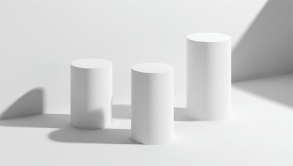 Three white cylinders on a white background, casting shadows