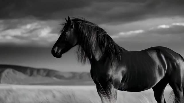 Elegant black horse stands alert in a field with tall grass against a moody and dramatic monochromatic sky in a grayscale landscape.