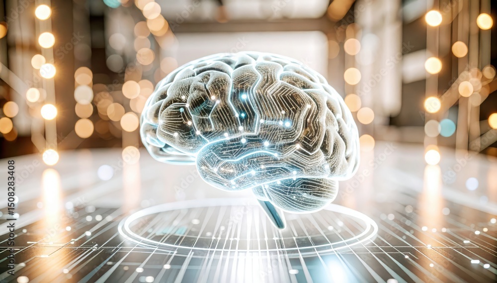 Aufkleber futuristic digital brain hologram with glowing neural network and abstract technological background