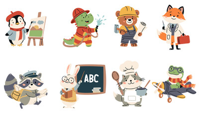 A set of flat vector illustrations in a simple children's style. Animals for teaching children professions. Penguin painter, bear builder, dinosaur fireman, rabbit teacher and raccoon letter carrier © Alena