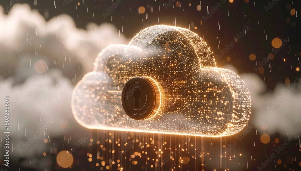 Poster digital cloud computing concept with glowing particles and data transfer in a futuristic style
