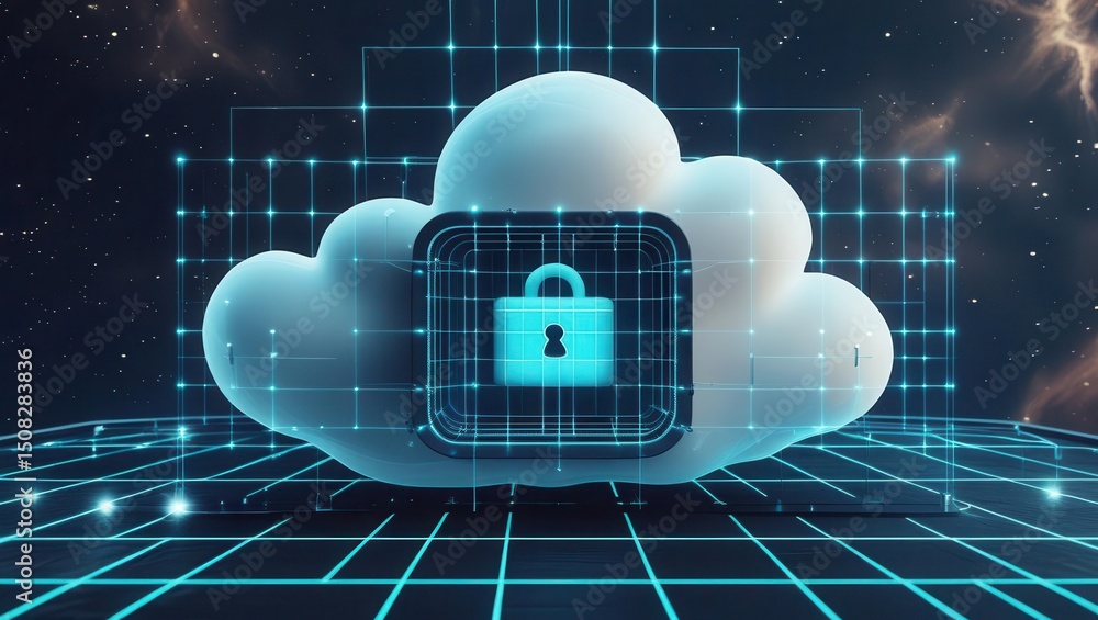 Poster advanced cloud computing security with digital lock protection illustrating data security and privac