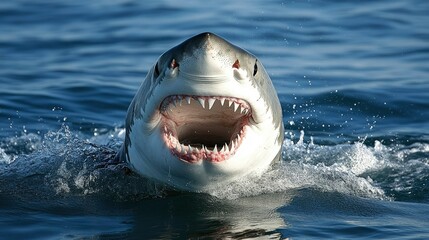 Obraz premium Great White Shark Jaws Open in Ocean Water