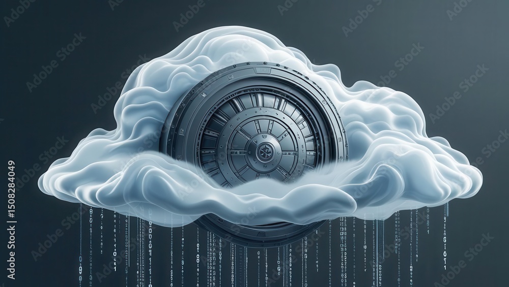 Poster futuristic cloud storage concept with a metallic vault lock embedded in fluffy clouds and digital ra