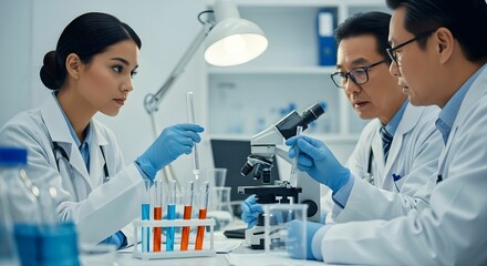 Group of scientists collaborating in laboratory while conducting research with a microscope and test tubes