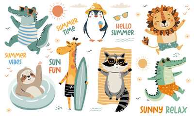 A set of flat vector illustrations in a simple children's style. Cute animals on beach vacation in swimsuits. Crocodile lion penguin sloth raccoon and giraffe, lettering. Vector illustration