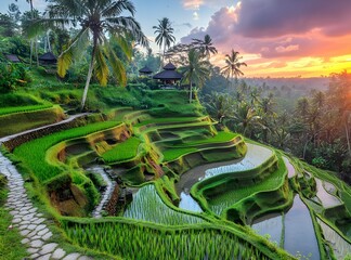 Lush Green Rice Terraces At Sunset In Bali