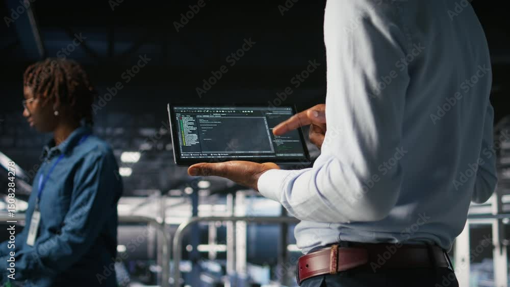 Poster close up of programmer swiping on tablet display in data center, doing maintenance tasks, ensuring o