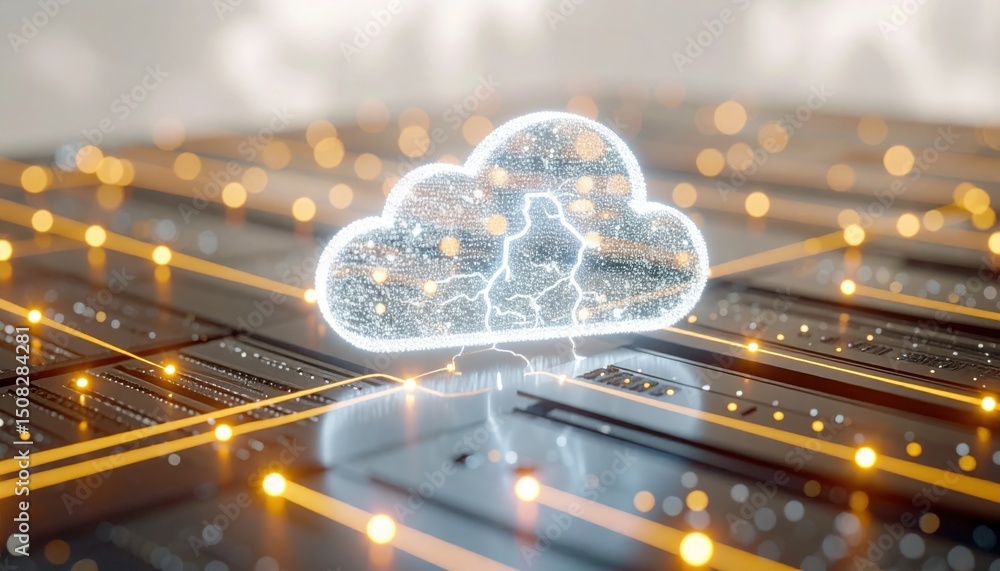 Poster digital cloud computing concept with cloud data storage technology on a futuristic circuit board