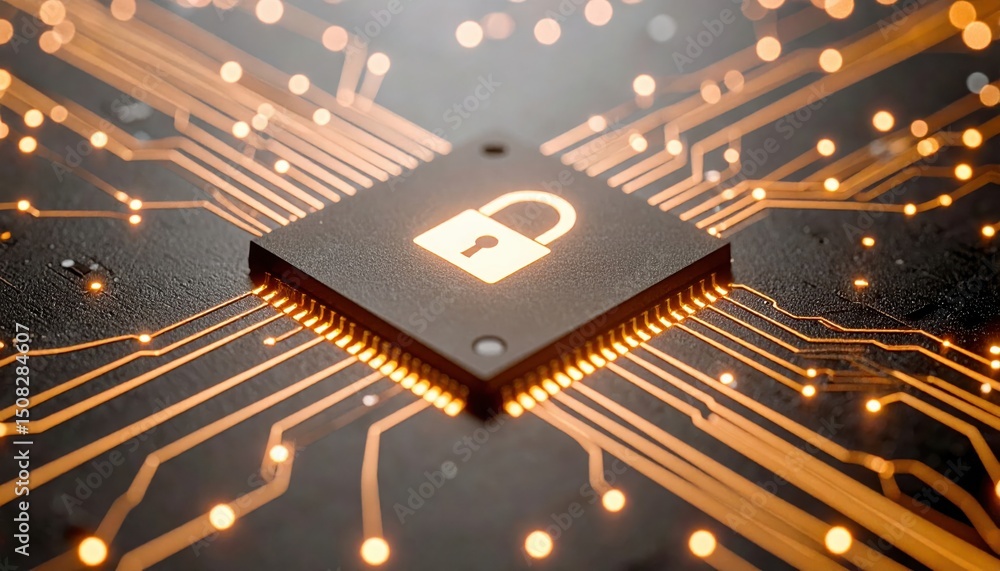 Poster close-up of a modern computer chip with a padlock symbol representing cybersecurity and digital secu