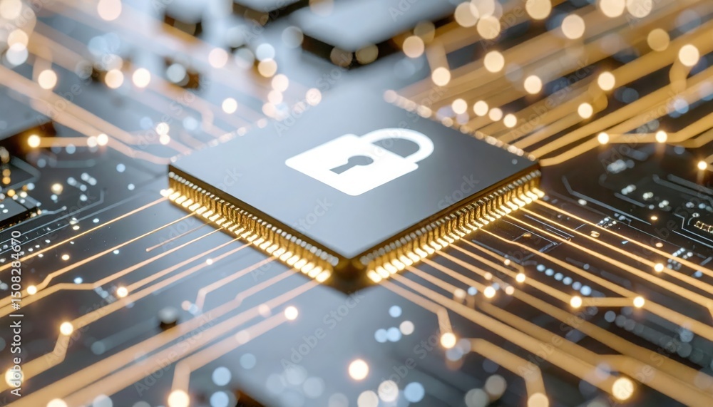 Poster close-up of a digital security chip or microprocessor on electronic circuit board with glowing conne