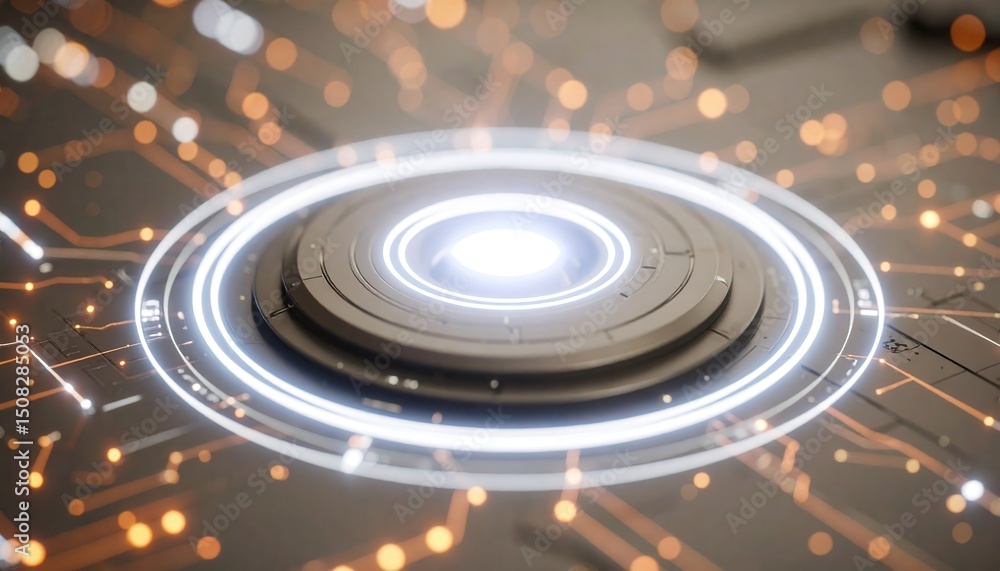 Poster futuristic glowing circular device with bright central light surrounded by digital data points and e