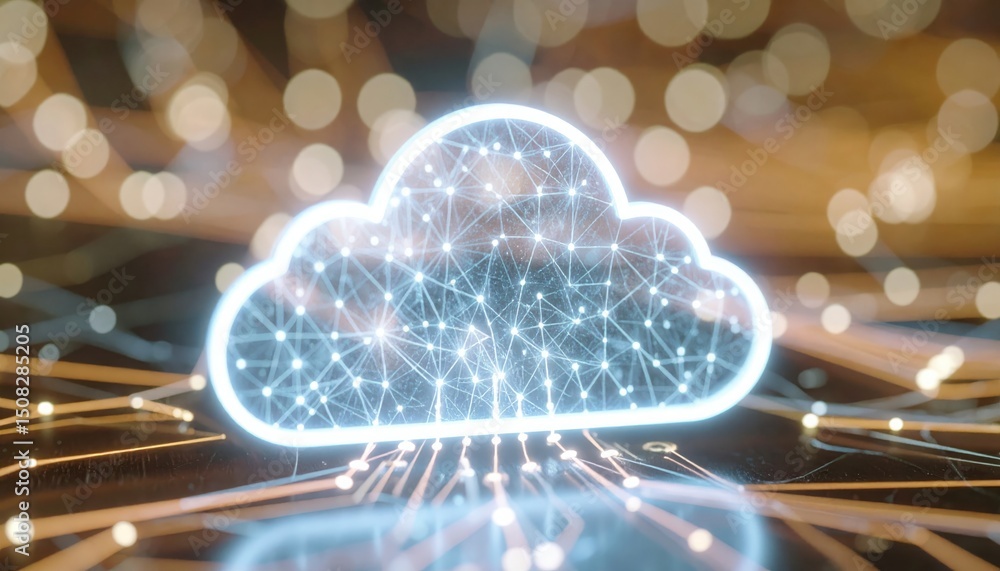 Poster futuristic digital cloud icon with glowing network lines representing technology and data sha concep