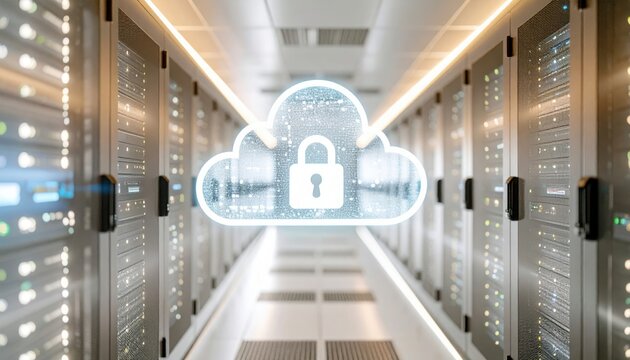 Modern data center with cloud security concept featu digital lock and secure server racks