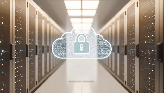 Modern data center server room with cloud security icon and computer racks in high-tech environment