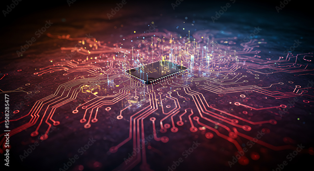 Poster high tech microchip on circuit board with data flow visualization digital technology concept