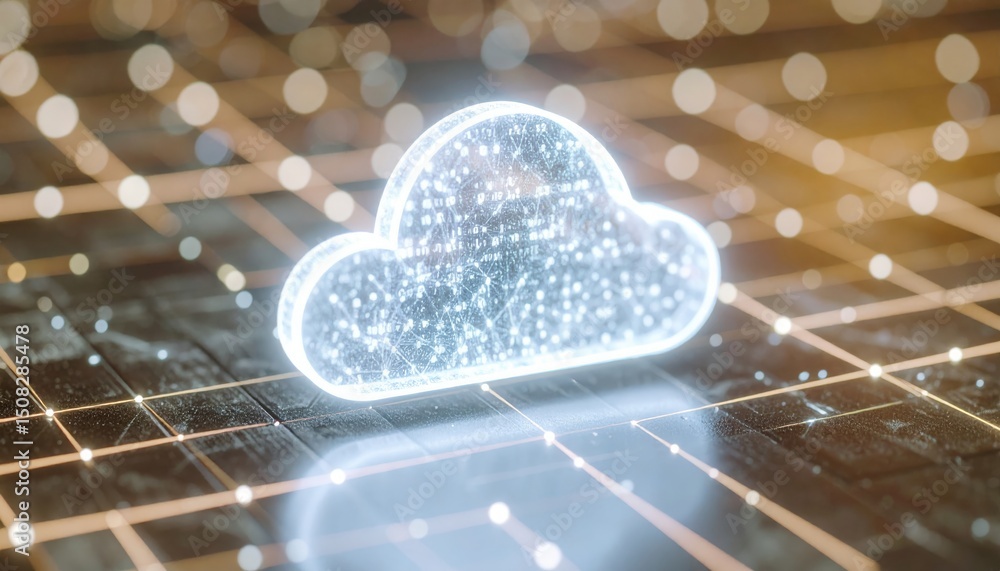 Poster digital cloud icon glowing on futuristic data network with bright connecting lines and glowing point