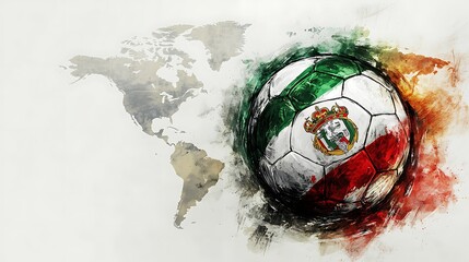 A world map background with a painted soccer ball.