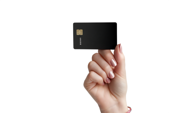 Woman holding blank black credit card isolated on a white background