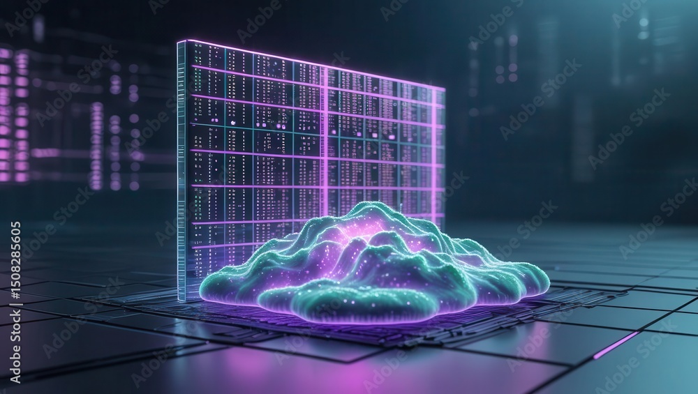 Poster futuristic digital cloud with glowing data grid in a high-tech virtual environment representing clou