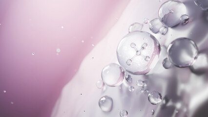 3D render of transparent beauty molecules interacting with soft skin surface. Perfect for luxury skincare visuals, feminine cosmetic branding, and hydration science concepts.

