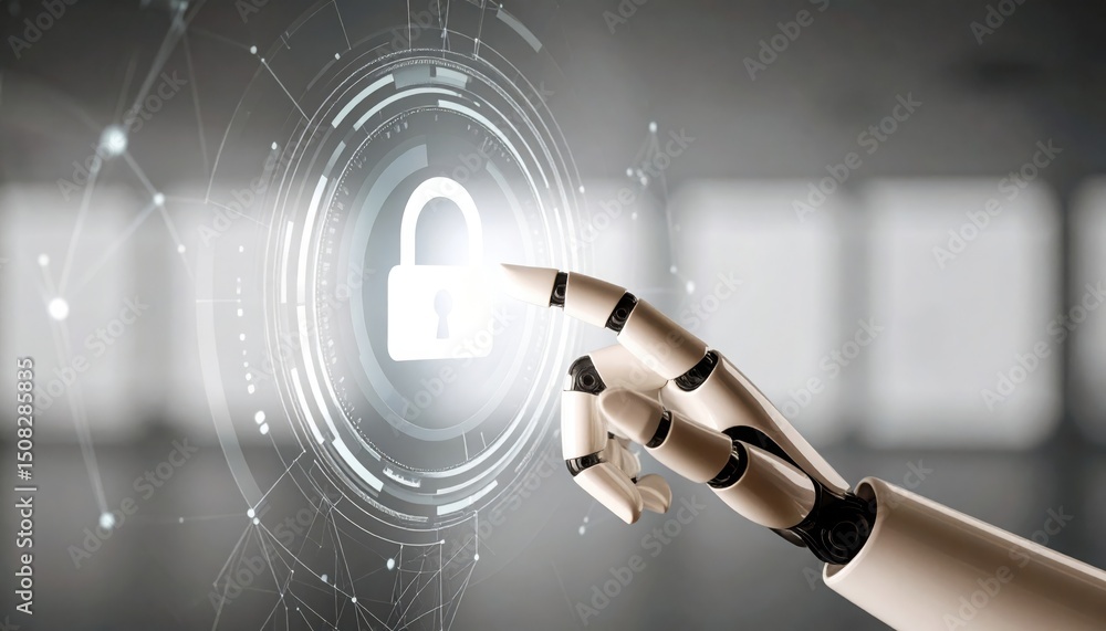 Poster advanced robotic hand interacting with digital lock and security interface in futuristic technology 
