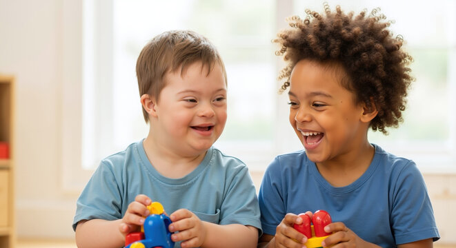 Happy children with down syndrome boy and friend playing with colorful building blocks. Kids with special needs enjoying educational toys together. Inclusion and friendship. Educational toy sale