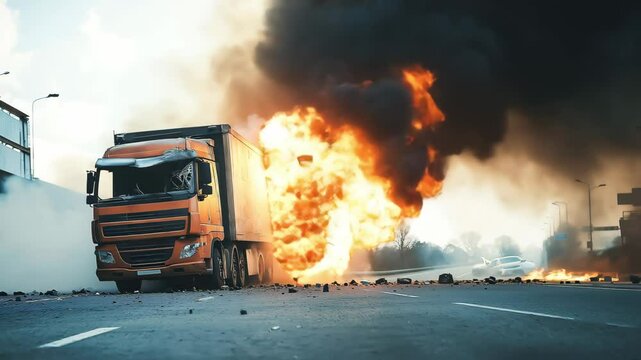Catastrophic truck explosion urban highway accident scene smoke and fire, Emergency response impact	
